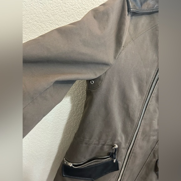 The Kooples Brown Gray Cotton Twill Leather Trim Mens Fishtail Parka Jacket - Picture 12 of 16